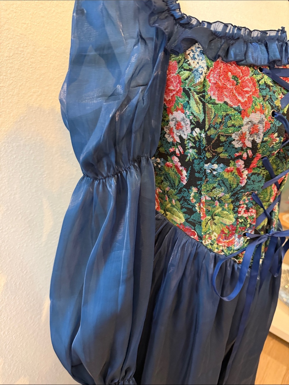 Source Unknown Navy Sheer-Sleeve Floral Lace-Up Corset Gown - Picture 3 of 9